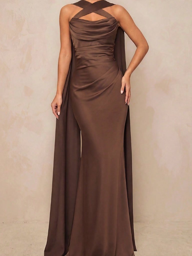 Brown Elegant Women's Matte Ribbon Decor Cold-Shoulder Bandeau Dress